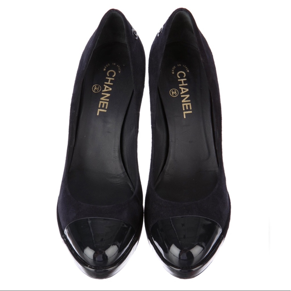Chanel navy platform heels with CC logo